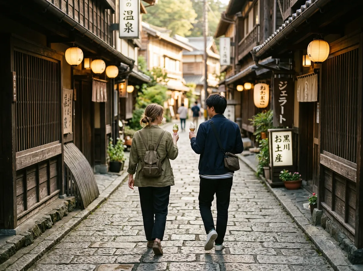 食べ歩く2人の後ろ姿