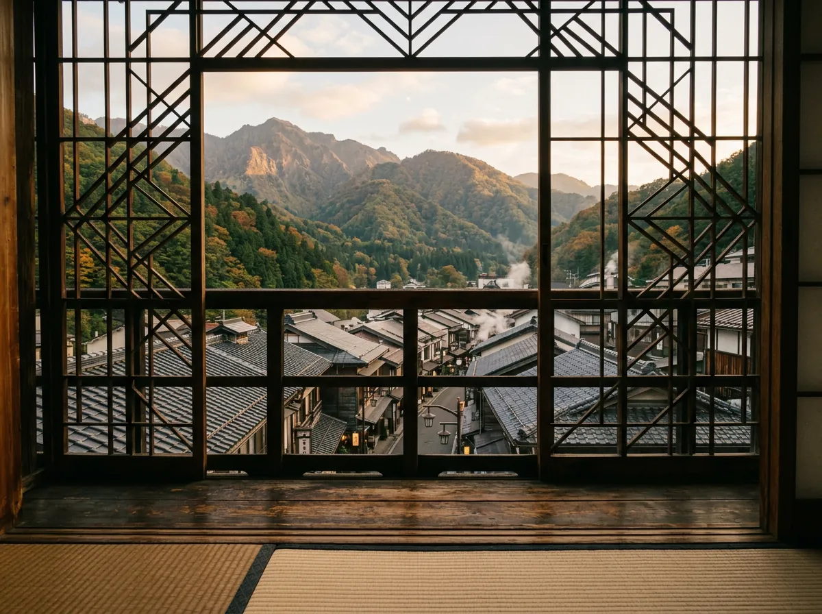 座敷から温泉街を見下ろす