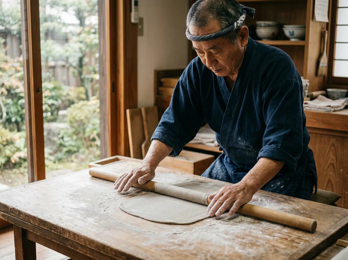 そば打ちの作業風景
